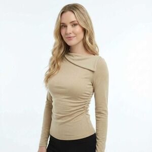 OGL Women's Size Small Long Sleeve Ruched Drape Neck Top Beige